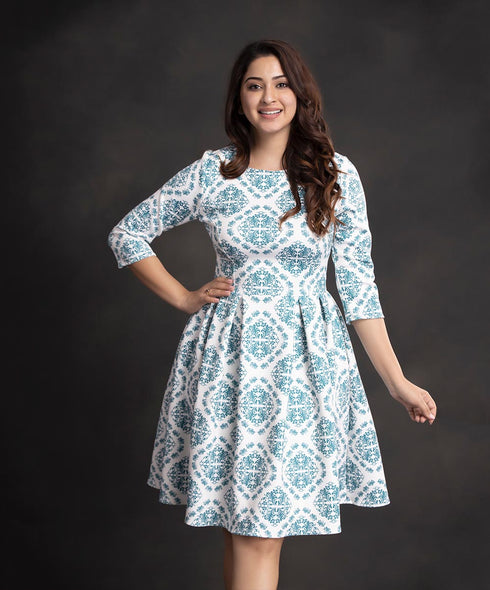 Green Printed Pleated Scuba Dress